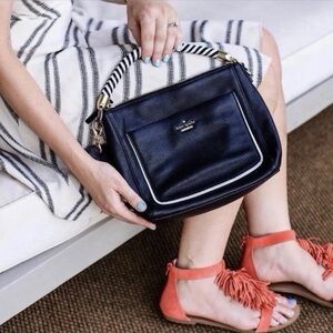 Kate Spade Woods Drive Shoulder Bag Black Leather White Trim Striped Handle
